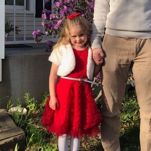 Toddler girl fancy sparkle red dress with silver belt and faux fur white shrug